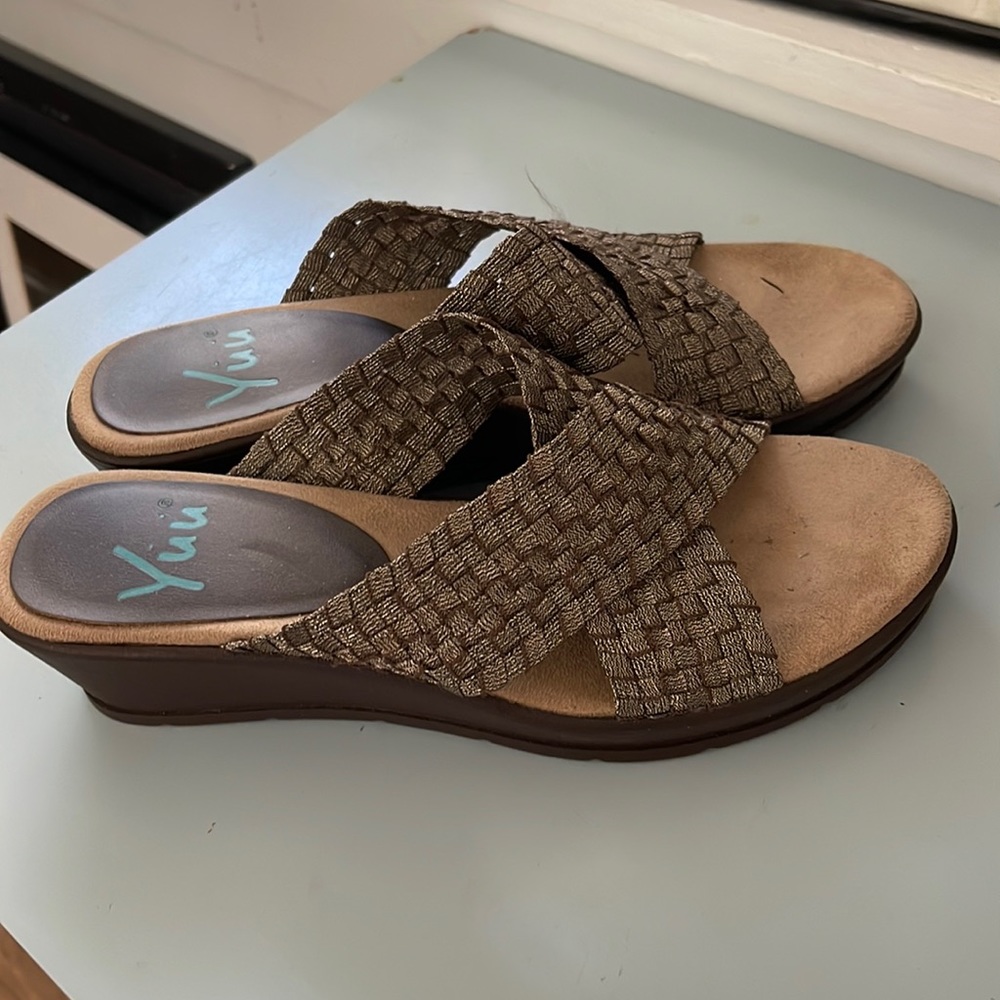 YUU Metallic Bronze Slip On Sandals Wedge Style